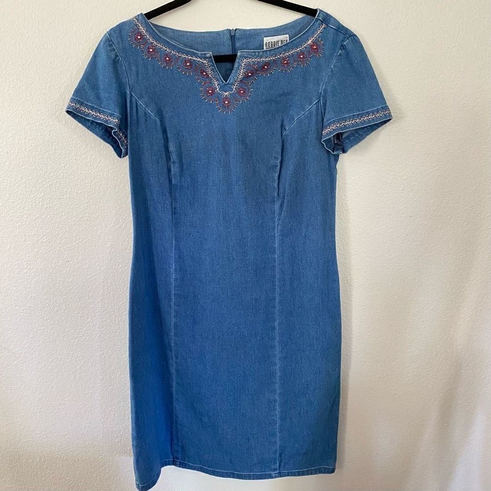Vintage 90’s Robbie Bee Denim Embroidered Mini Dress